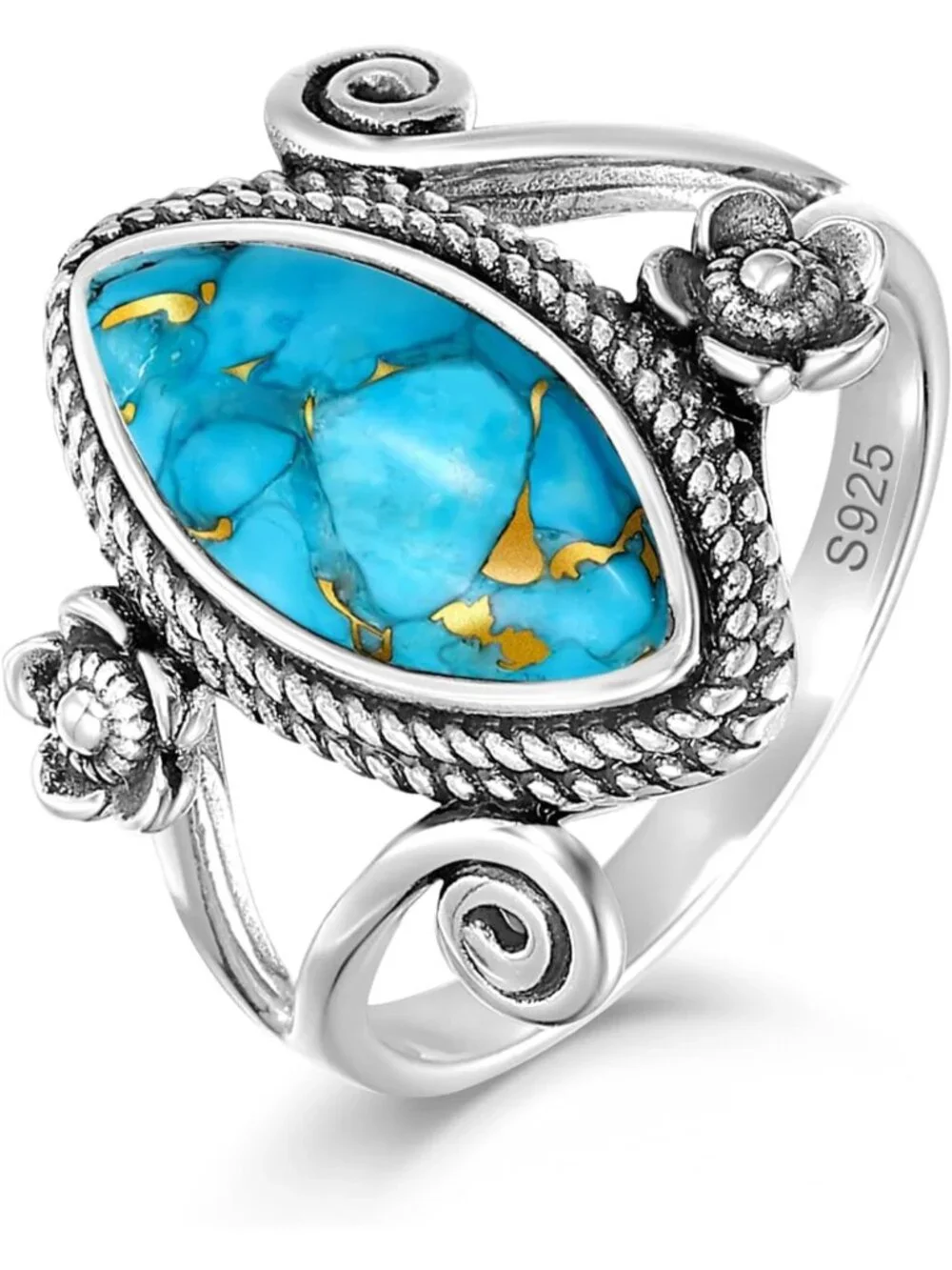 Boho Turquoise Stacking Rings for Women - Vintage 925 Sterling Silver Statement
